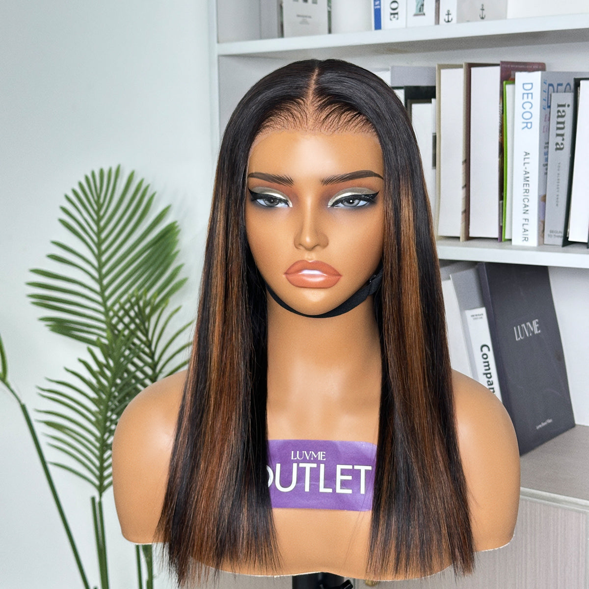Outlet 12-24'' | Brown Highlight / Natural Black Glueless Silky Straight 13x4 Frontal Lace Wig Pre-Cut Lace-01