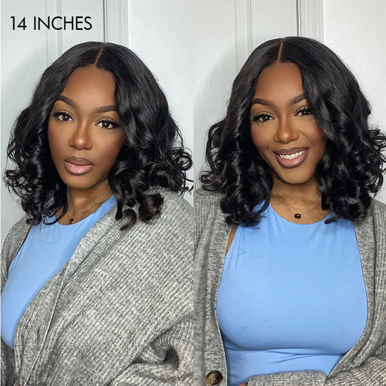 Luvme natural black loose wave 5x5 closure lace wig with glueless, pre-plucked hairline, short length, close-up view.