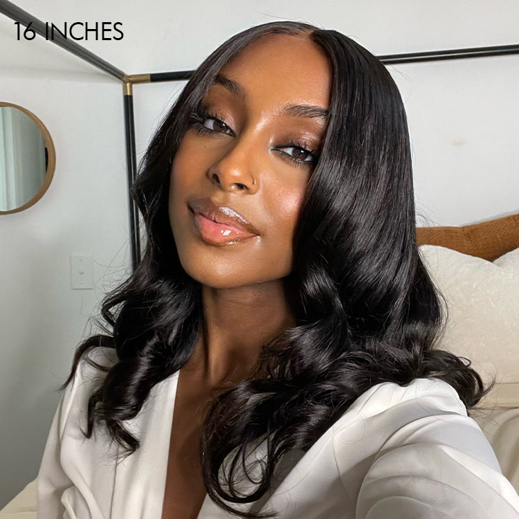 Luvme natural black loose wave 5x5 closure lace glueless pre-plucked short wig, close-up of hairline and wave pattern