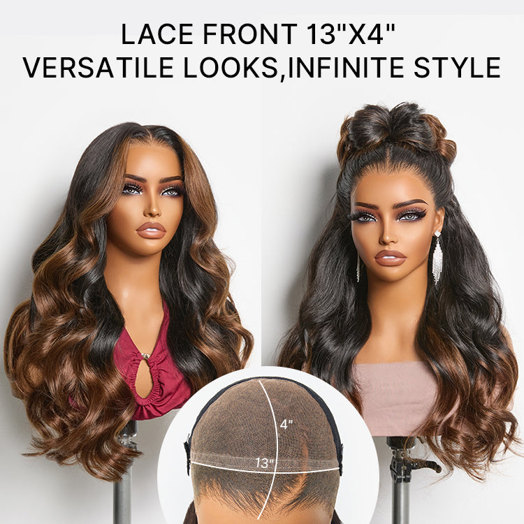 Luvme Hair NatureMAX™ 200% Density Ombre Brown/Natural Black HD Lace Front Wig with loose wave, pre-cut lace, and drawstring cap.