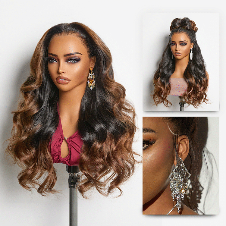 Luvme Hair NatureMAX™ 200% Density Ombre Brown to Natural Black lace front wig with loose waves, HD lace, pre-cut lace, and adjustable cap