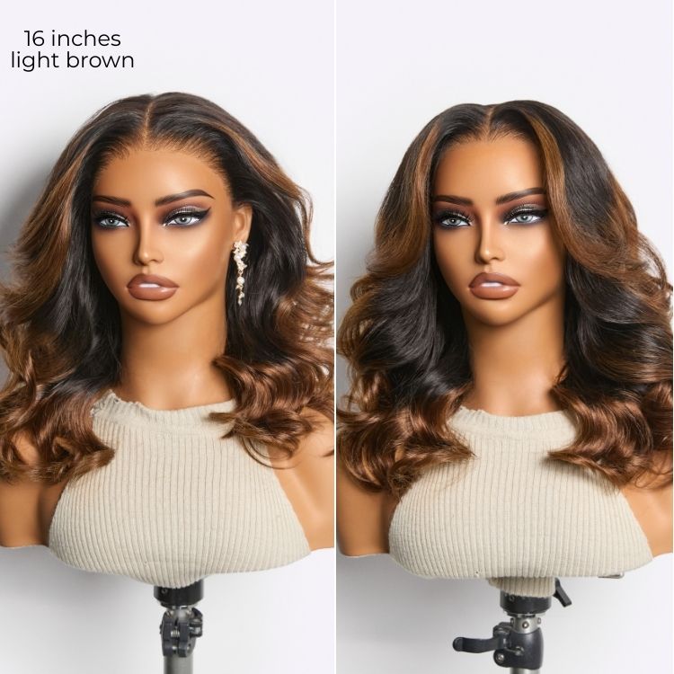 Luvme Hair NatureMAX™ 200% Density Ombre Brown to Natural Black lace front wig with loose waves and pre-cut HD lace.