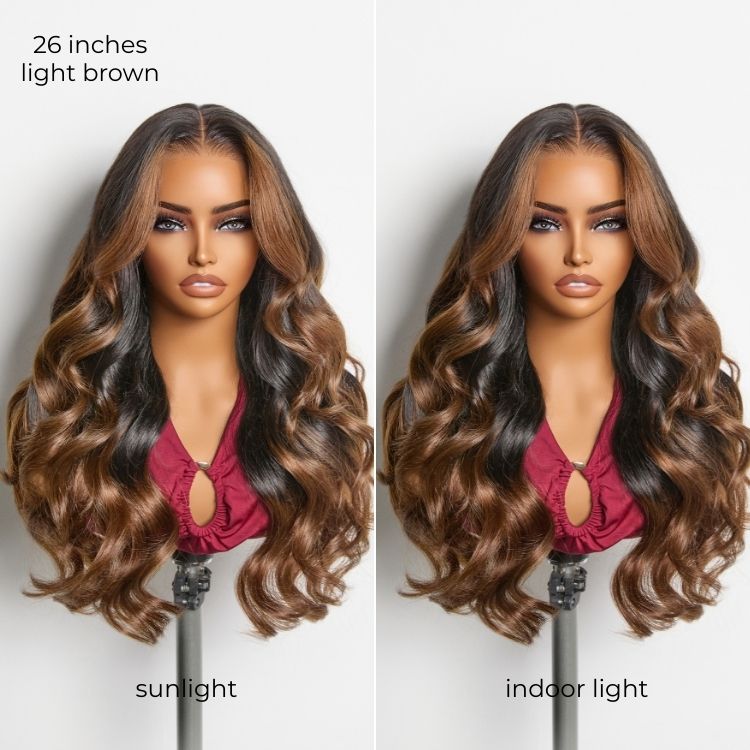 Luvme Hair NatureMAX 13x6 lace front wig with ombre brown and natural black loose waves, HD lace, pre-cut lace, drawstring cap.