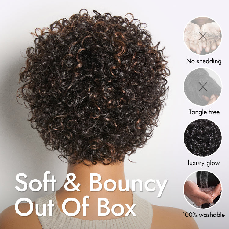 Luvme Hair beginner-friendly glueless human hair wig with short bouncy curls and bangs, suitable for easy, quick styling.