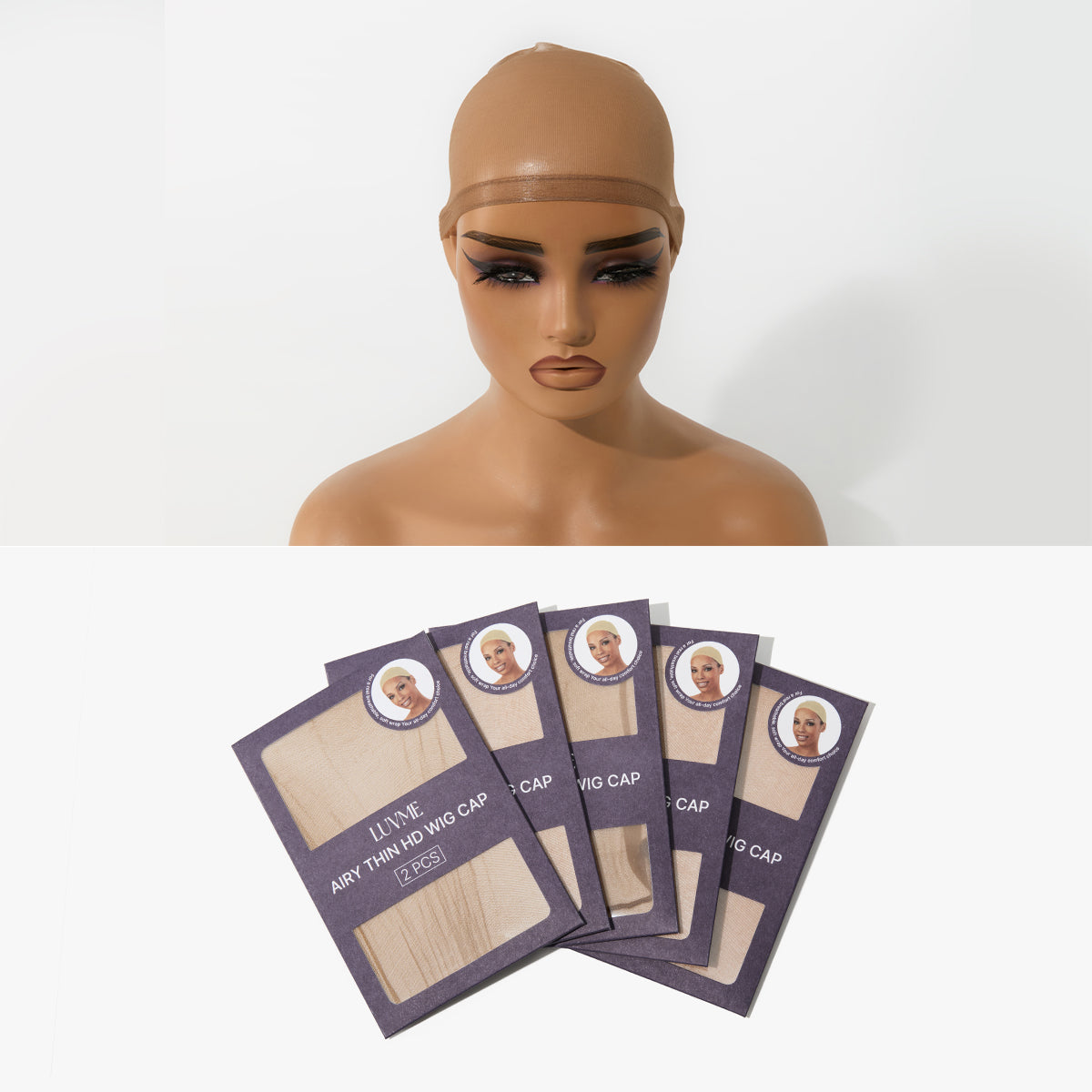 Set of five dark brown Luvme Hair wig caps, soft, stretchy, breathable, and secure-fitting caps for lace wig styling.