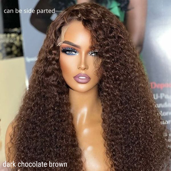 Chocolate Brown Long Curly Glueless 5x5 Closure Long Wig 100% Human Hair - US Only-10