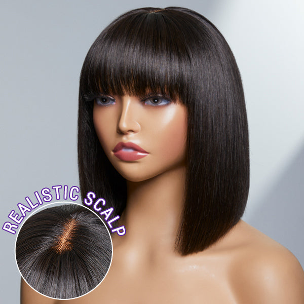 Luvme Minimalist Lace Wig with bangs, silky straight, glueless design, showcasing the sleek bob style on a mannequin head.