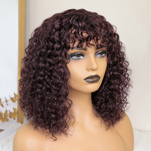Spcial Deal | Throw On & Go Burgundy Water Wave No Lace Glueless Short Wig with Bangs - US ONLY-01