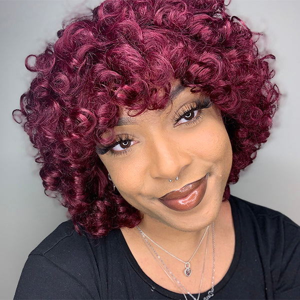 Luvme Burgundy fluffy rose curl short wig with bangs, made from 100% human hair, featuring a throw-on-and-go style.