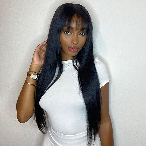 Long silky bone straight lace 4x4 closure wig with bangs by Luvme, featuring smooth straight hair and lace closure detail.