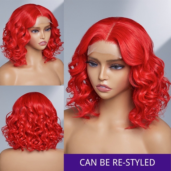 Luvme Fairycore red 4x4 closure bob wig made of 100% human hair, showcasing its vibrant color and natural hair texture.