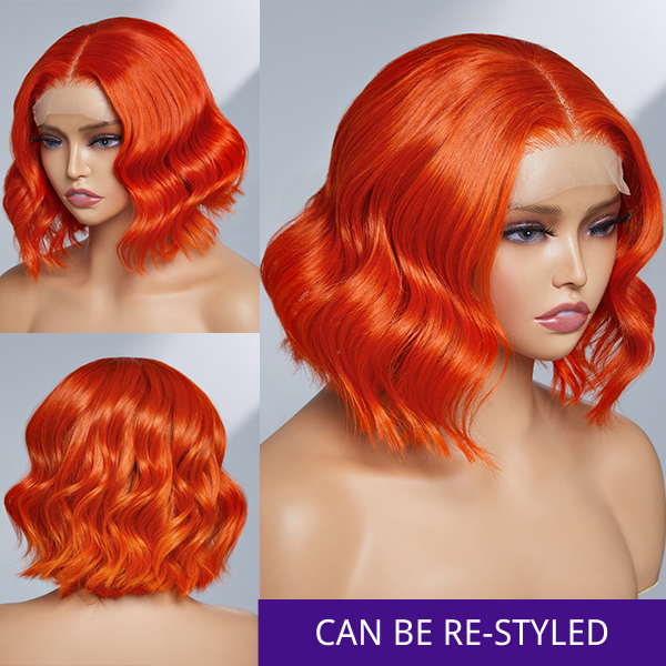Luvme fiery orange glueless 4x4 closure bob wig made of 100% human hair, styled with a natural bob cut.