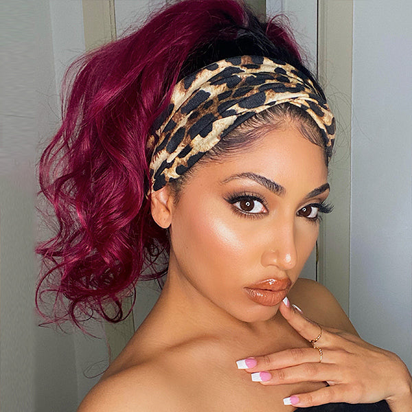 Luvme Put On & Go Glueless Sugar Plum Dark Root Headband Wig made of 100% human hair, styled with a headband for easy wear.