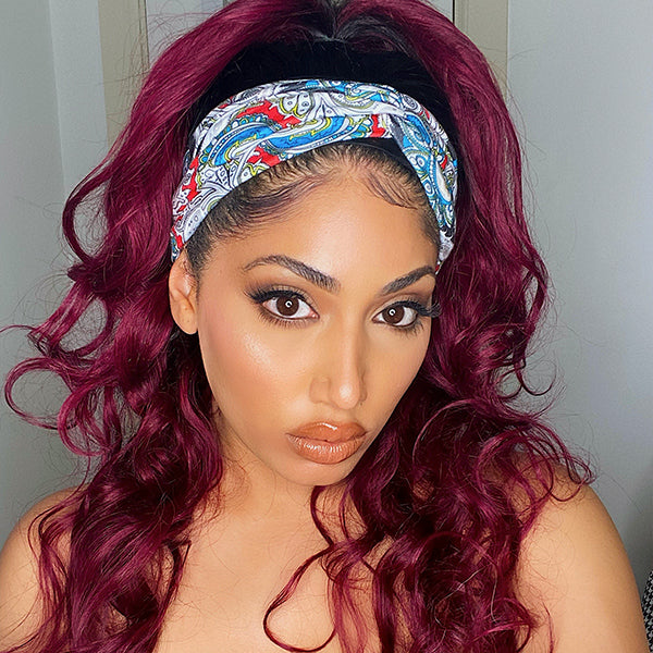 Luvme Put On & Go Glueless Sugar Plum dark root headband wig with 100% human hair, styled for easy wear and natural look.