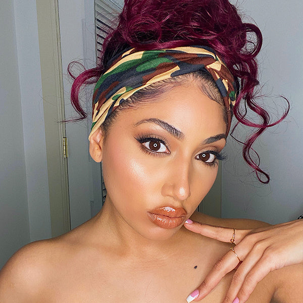 Luvme Put On & Go Glueless Sugar Plum Dark Root Headband Wig, 100% human hair, styled with a headband and dark roots.