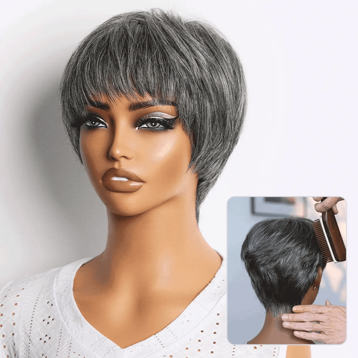 Salt & Pepper Human Hair Pixie Cut Glueless Wig with Bangs