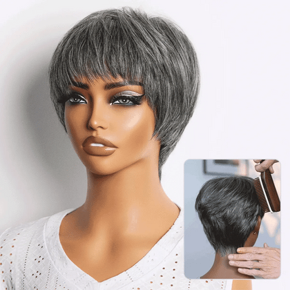 Salt & Pepper 100% Human Hair Short Pixie Cut Glueless Wig with Bangs Ultra Comfort Skin-Like Soft Care Hair Loss Friendly-24