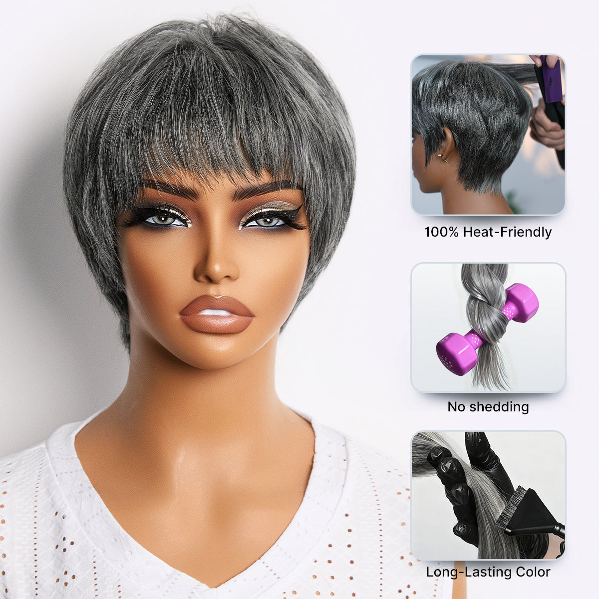 Salt & Pepper 100% Human Hair Short Pixie Cut Glueless Wig with Bangs Ultra Comfort Skin-Like Soft Care Hair Loss Friendly-26