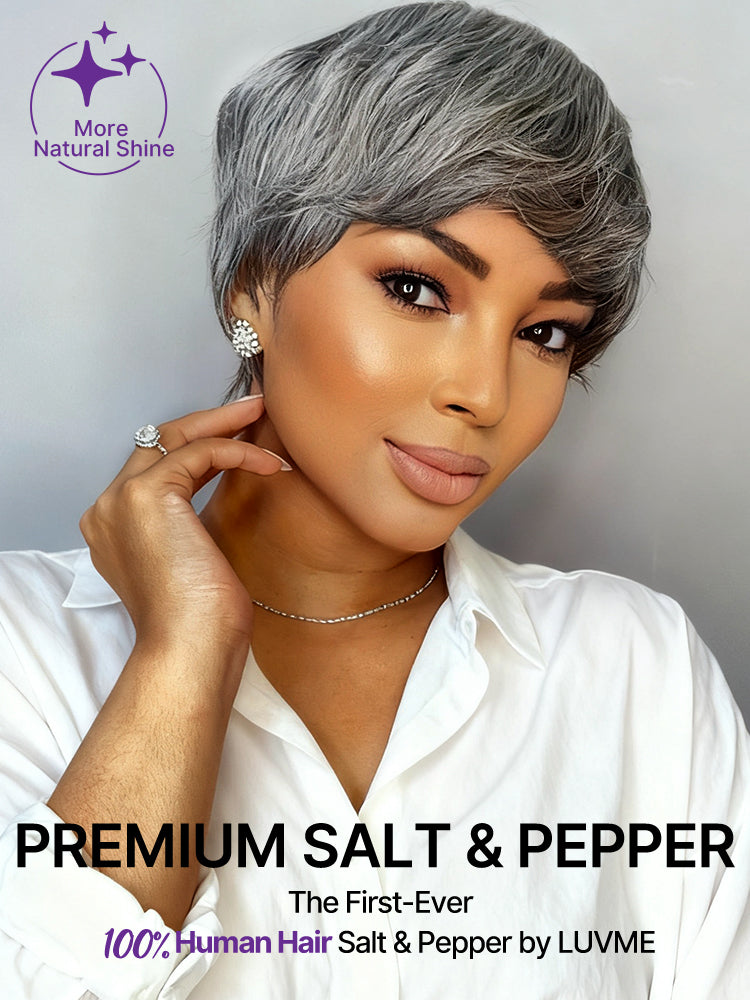 48H Delivery | Salt & Pepper 100% Human Hair Short Pixie Cut Glueless Wig with Bangs Ultra Comfort Skin-Like Soft Care Hair Loss Friendly-09