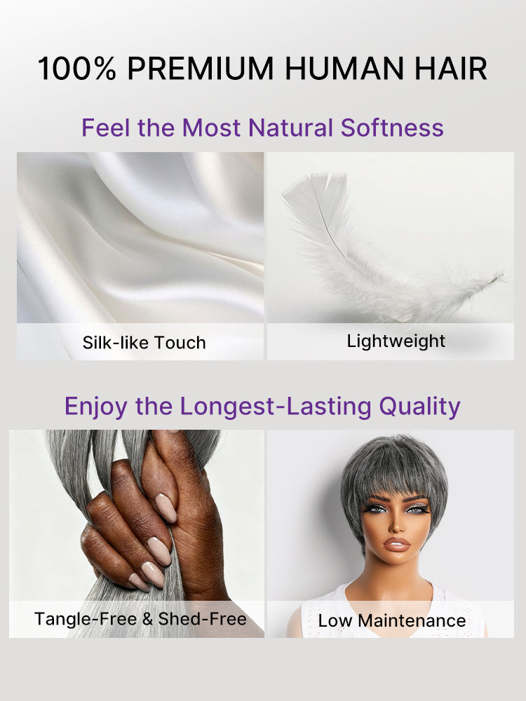 Salt & Pepper 100% Human Hair Short Pixie Cut Glueless Wig with Bangs Ultra Comfort Skin-Like Soft Care Hair Loss Friendly-30