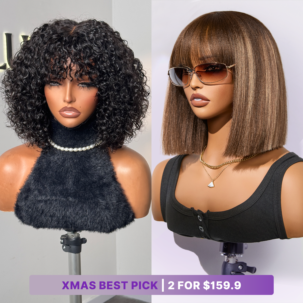 2 For $159.9 | 10 Inches Ash Blonde Highlights Yaki Blunt Cut Bob Wig + 12 Inches Water Wave Minimalist Lace Wig-08