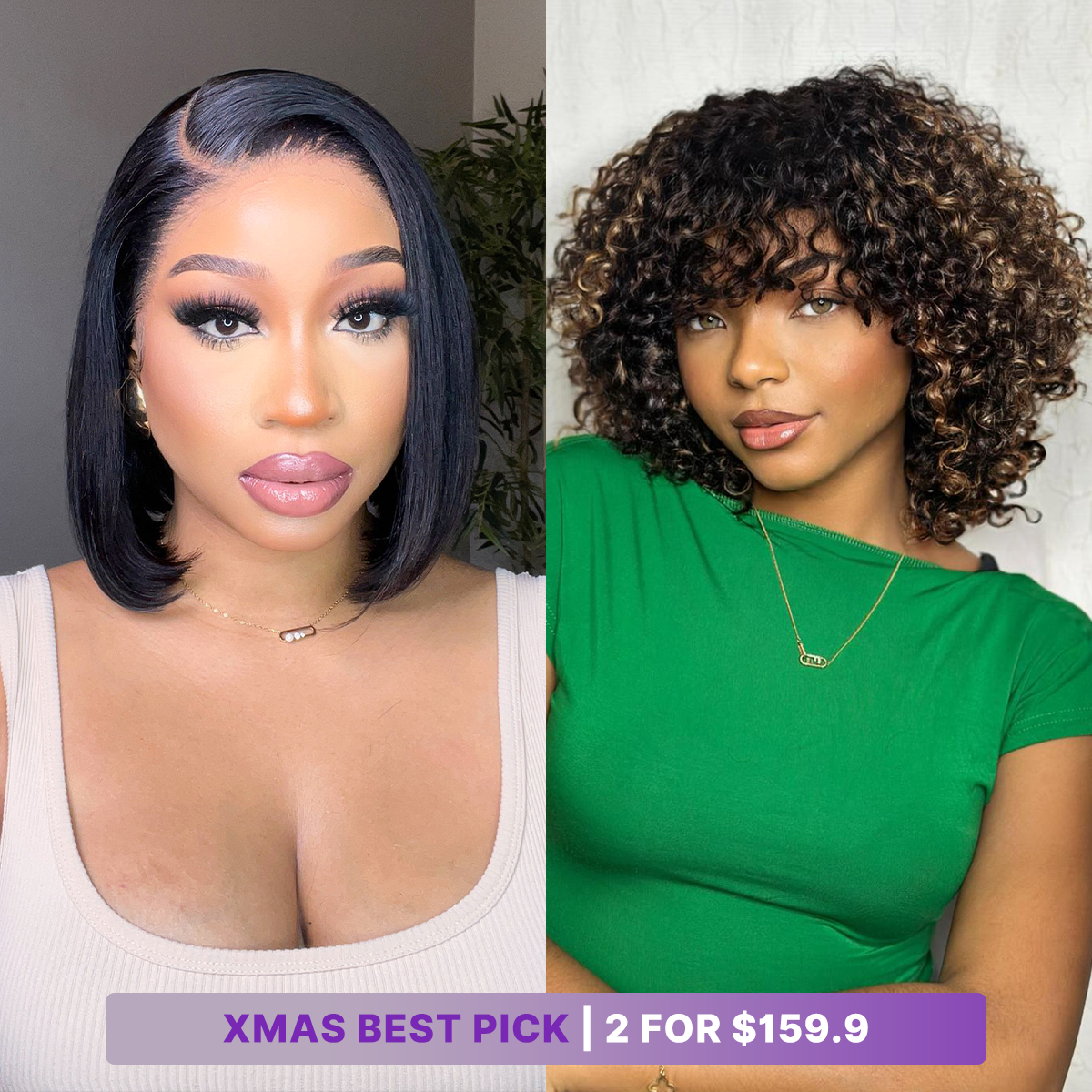 2 for $159.9 | 10 Inches Brown Highlight Water Wave Minimalist Lace Wig + 10 Inches Ear-to-Ear Wide T Lace Bob Wig-10