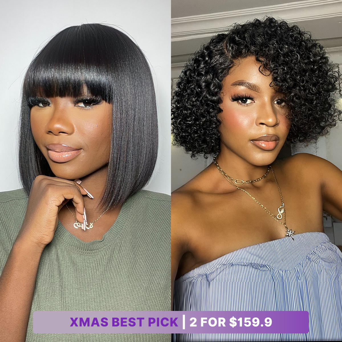 2 For $159.9 | 8 Inches Curly Minimalist Pre Cut HD Lace Wig + 10 Inches Yaki Straight Minimalist Lace Bob Wig-19