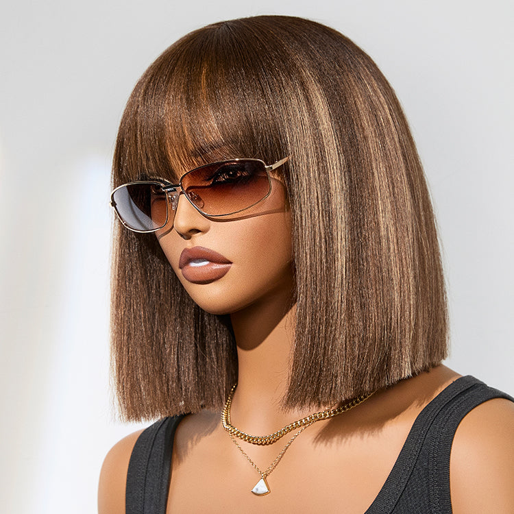 2 For $159.9 | 12 Inches Ash Blonde Highlights Yaki Blunt Cut Bob Wig + 12 Inches Water Wave Minimalist Lace Wig-09