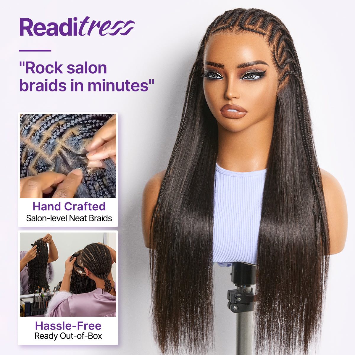 Luvme Hair Readitress™ 180% density pre-braided silky straight human hair lace wig with 13x4 frontal, glueless, ear-to-ear, pre-cut lace