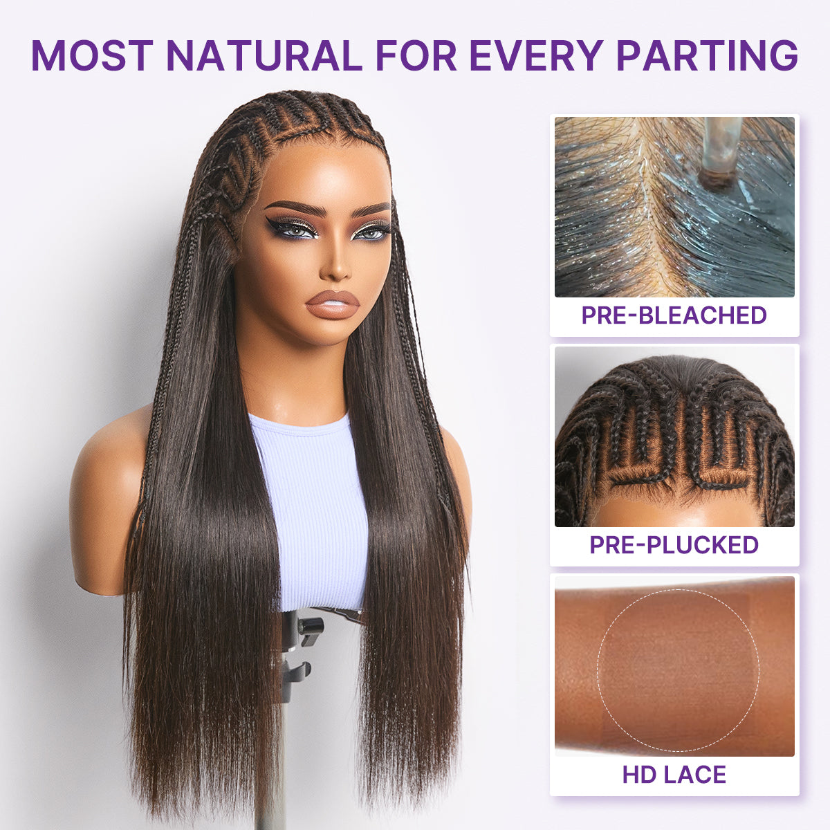 Luvme Hair Readitress™ 180% density pre-braided silky straight human hair lace wig with 13x4 frontal, glueless ear-to-ear style.