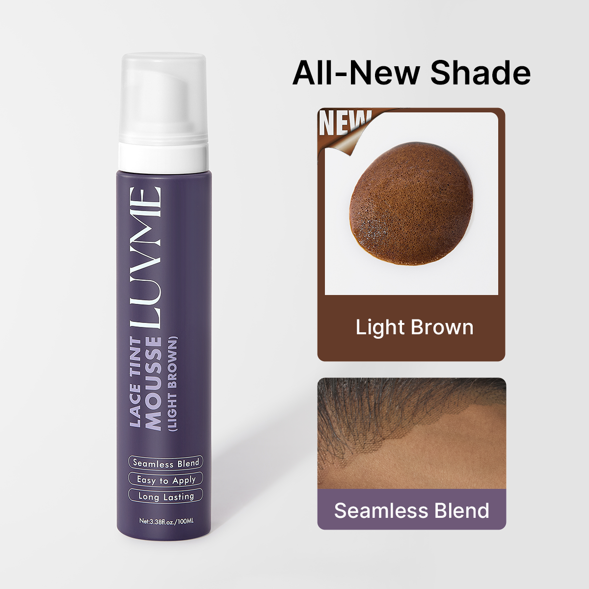 Light brown lace tint mousse and wig perfume by Luvme Hair, displayed in a sleek bottle with a light brown cap.