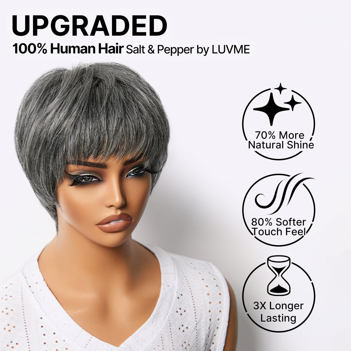 Salt & Pepper 100% Human Hair Short Pixie Cut Glueless Wig with Bangs Ultra Comfort Skin-Like Soft Care Hair Loss Friendly-33