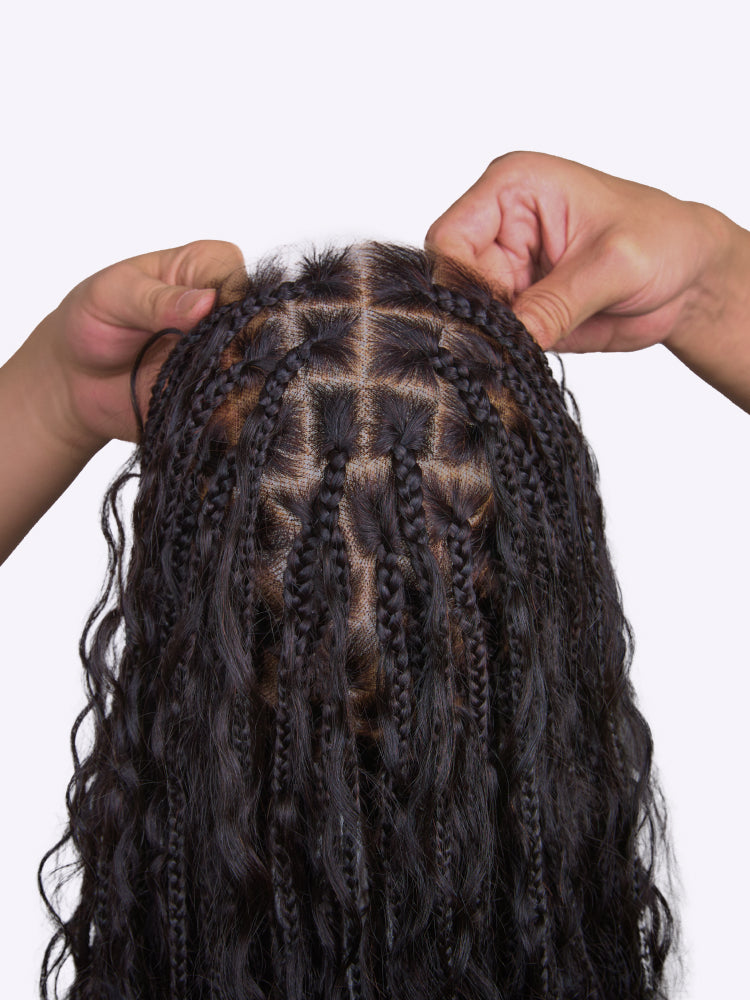 Readitress Ombre Brown Highlight Boho Braids Deep Curly Glueless 5x5 Closure Lace with Braided Top Human Hair Wig Pre-Cut Lace-04