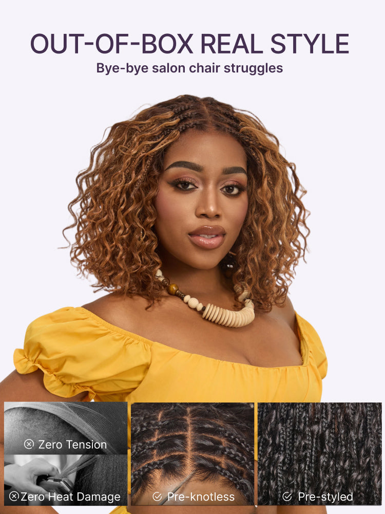 Readitress Ombre Brown Highlight Boho Braids Deep Curly Glueless 5x5 Closure Lace with Braided Top Human Hair Wig Pre-Cut Lace-05