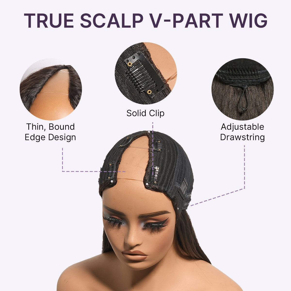 Luvme Hair True Scalp Kinky Straight V Part Glueless Human Hair Wig with Flexi-Fit Drawstring for natural look