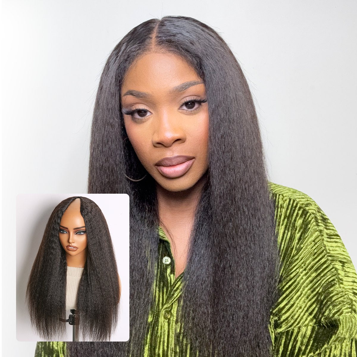 True Scalp Kinky Straight V Part Glueless Human Hair Wig Flexi-Fit Drawstring-01