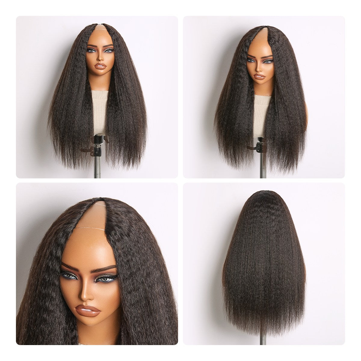 Luvme Hair True Scalp Kinky Straight V Part Glueless Human Hair Wig with Flexi-Fit Drawstring attachment on a mannequin head.