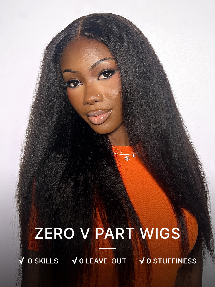 True Scalp Kinky Straight V Part Glueless Human Hair Wig Flexi-Fit Drawstring-12