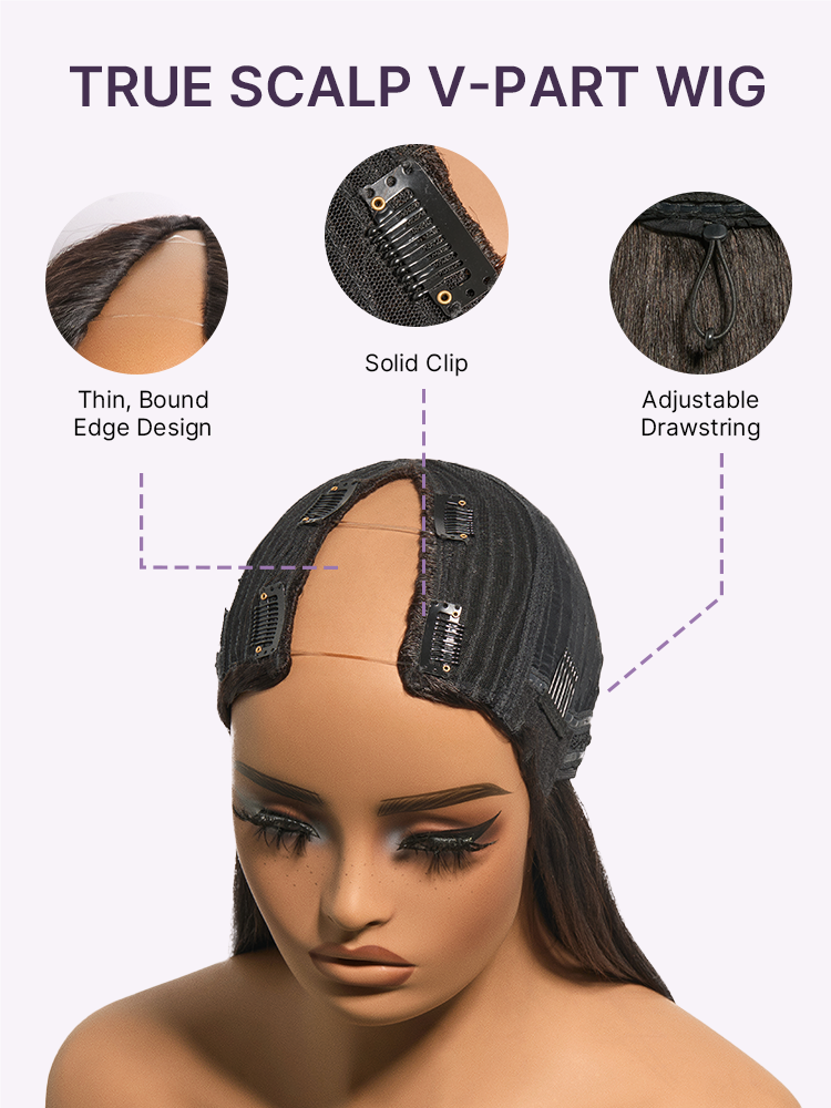 True Scalp Kinky Straight V Part Glueless Human Hair Wig Flexi-Fit Drawstring-16
