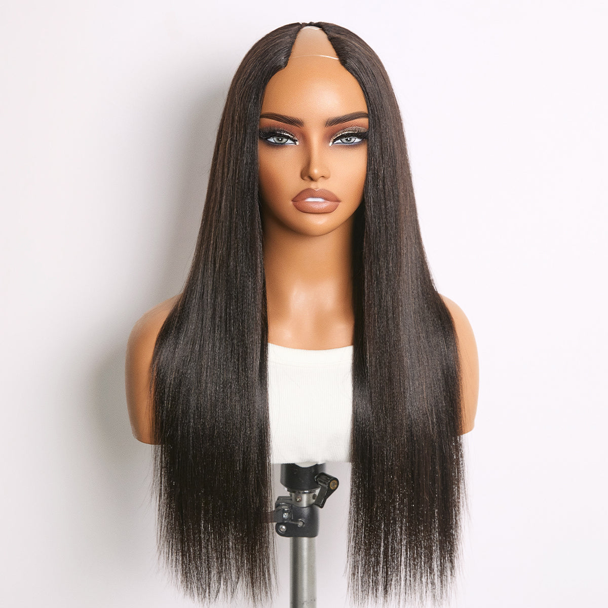 True Scalp Yaki Straight V Part Glueless Human Hair Wig Flexi-Fit Drawstring-10