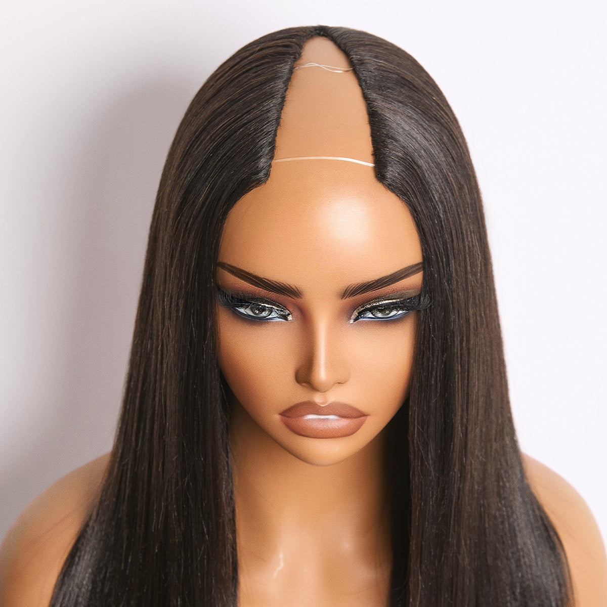True Scalp Yaki Straight V Part Glueless Human Hair Wig Flexi-Fit Drawstring-13