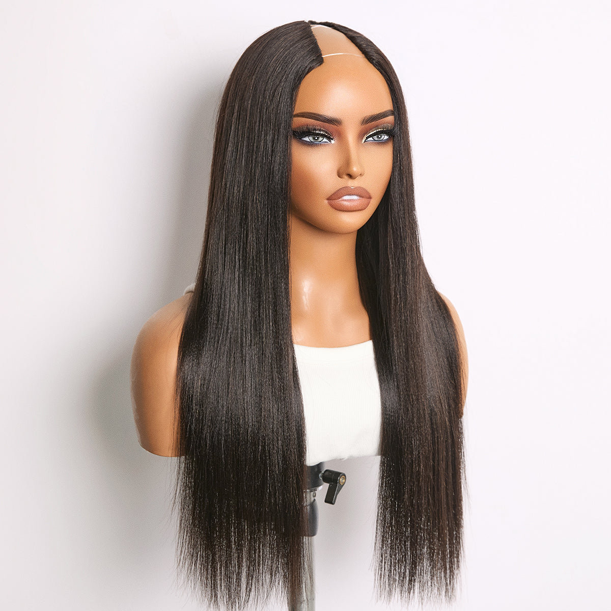 True Scalp Yaki Straight V Part Glueless Human Hair Wig Flexi-Fit Drawstring-11