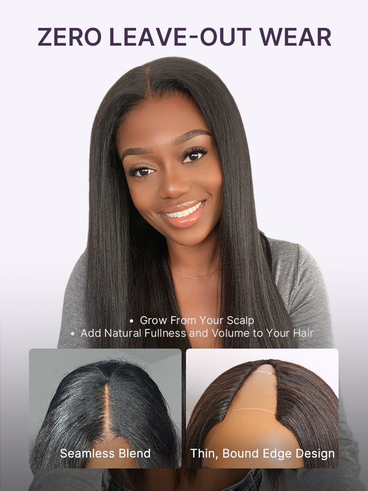 True Scalp Yaki Straight V Part Glueless Human Hair Wig Flexi-Fit Drawstring-16