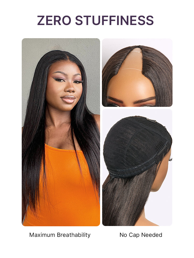True Scalp Yaki Straight V Part Glueless Human Hair Wig Flexi-Fit Drawstring-17