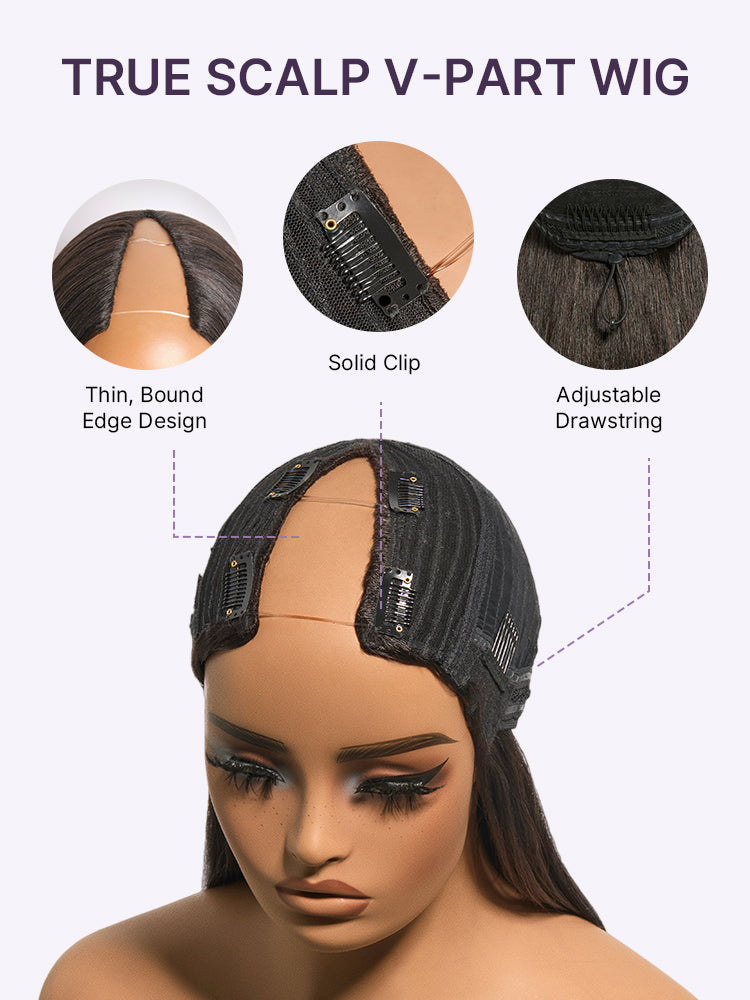 True Scalp Yaki Straight V Part Glueless Human Hair Wig Flexi-Fit Drawstring-18
