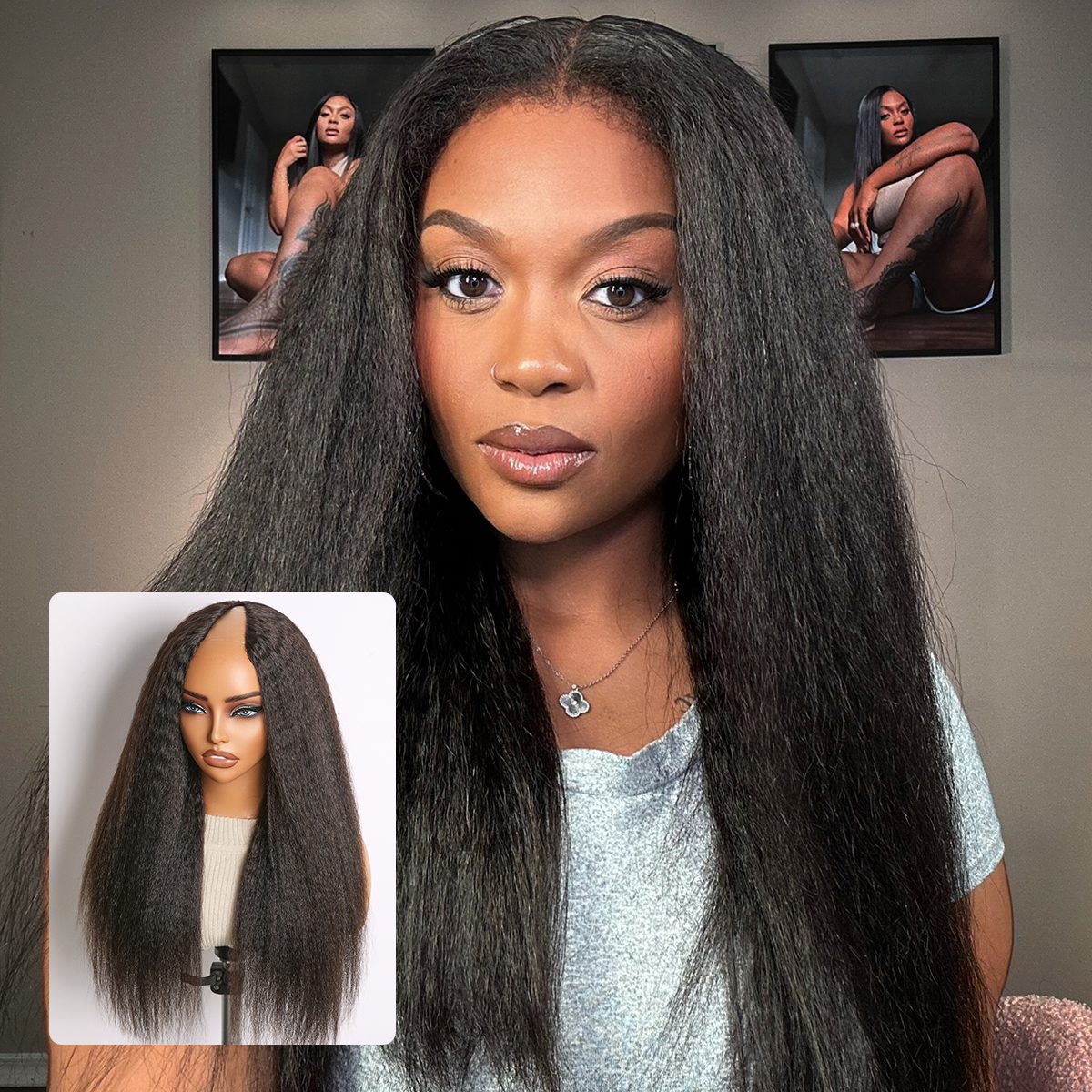 True Scalp Kinky Straight V Part Glueless Human Hair Wig Flexi-Fit Drawstring-18