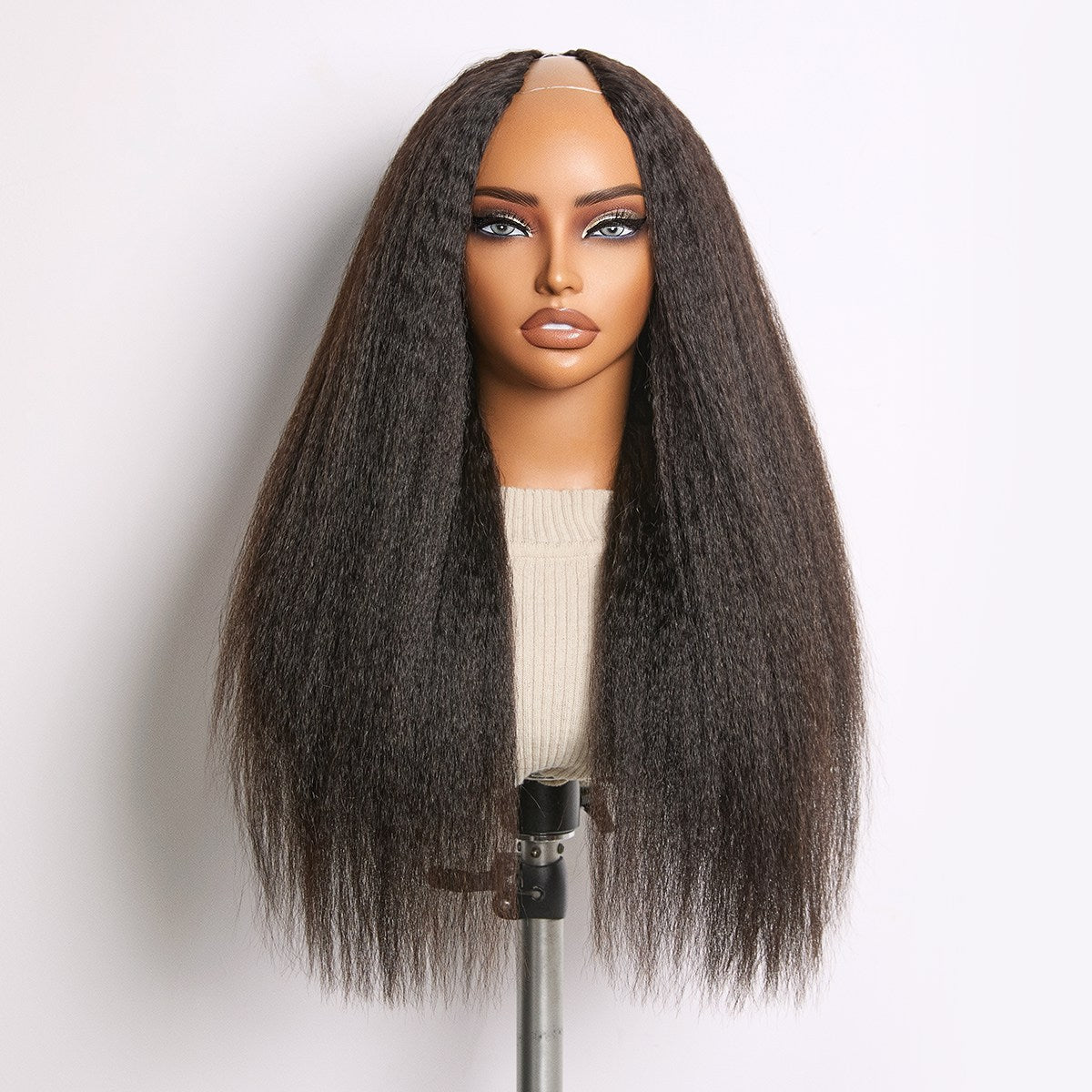 True Scalp Yaki Straight / Kinky Straight V Part Glueless Human Hair Wig Flexi-Fit Drawstring-21