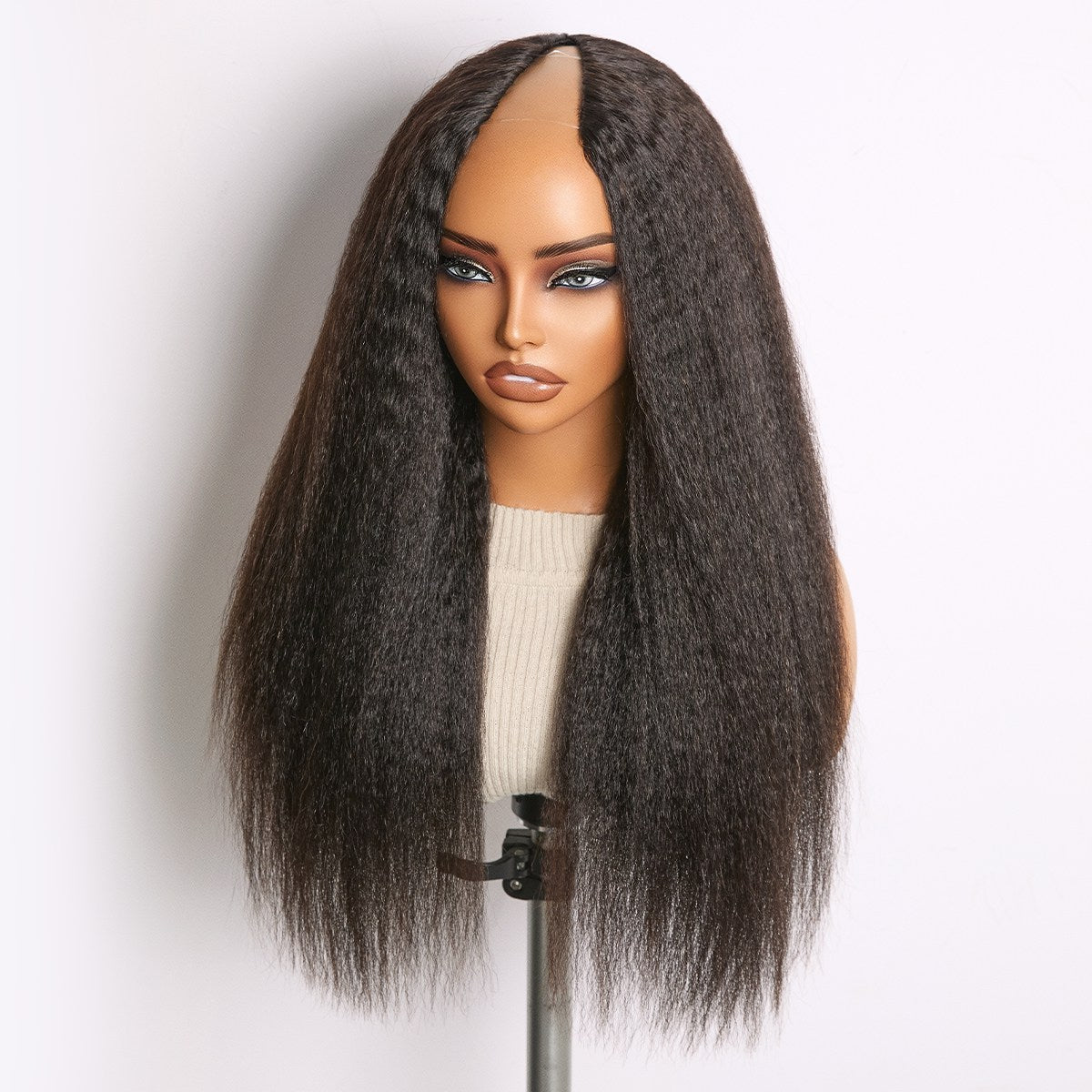 Luvme Hair True Scalp Yaki Straight Kinky Straight V Part Glueless Human Hair Wig with Flexi-Fit Drawstring attachment.