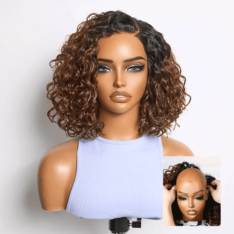 Ombre brown water wave short curly bob glueless wig