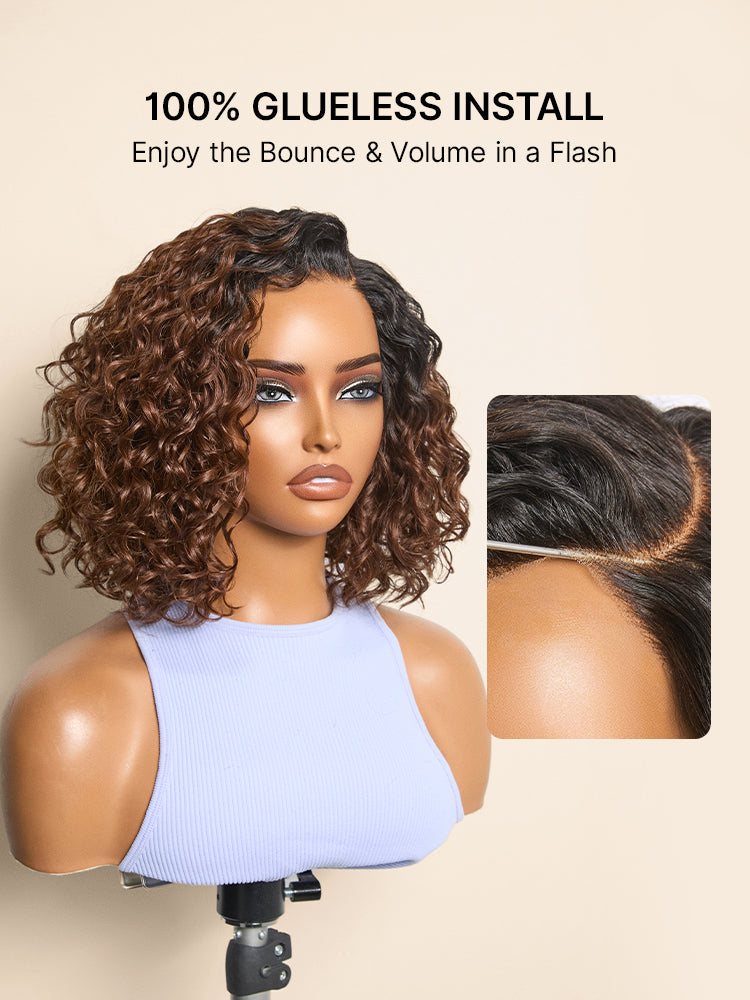 Ready to Go Ombre Brown Water Wave Short Curly Bob Wig Glueless Minimalist HD Lace Wig Pre-Cut Lace-15